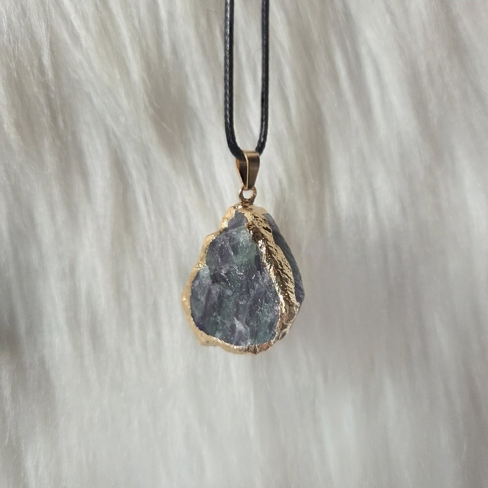 Hearth & Stone Co. Natural Uncut Flourite Pendant W/ Leather Rope & Gold Foils - Picture 6 of 8